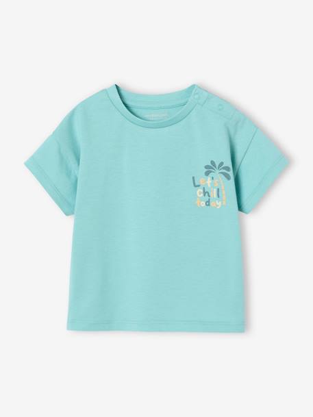 T-Shirt with Large Motif on the Back & Press Stud on Shoulder for Babies turquoise 