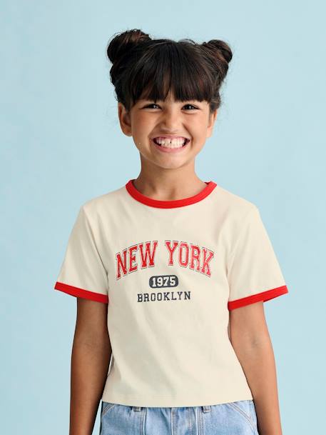 Girls' cropped college-style T-shirt ecru+ink blue 