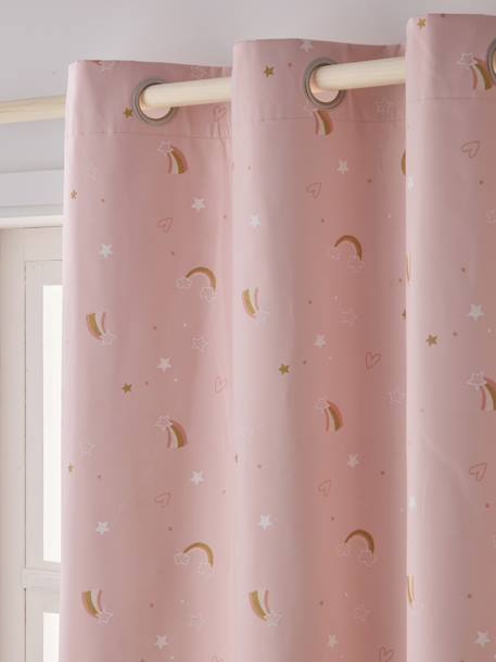 Blackout Curtain with Eyelets & Glow-in-the-Dark Rainbow Print Light Pink 