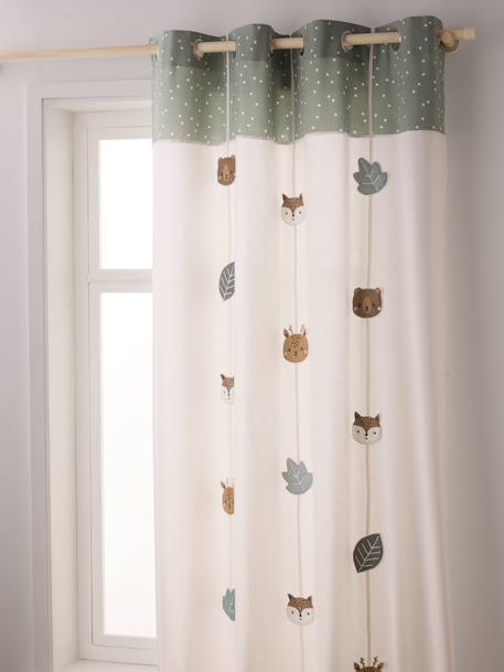 Semi-Sheer Curtain with Eyelets & Animals Print, Green Forest sage green 