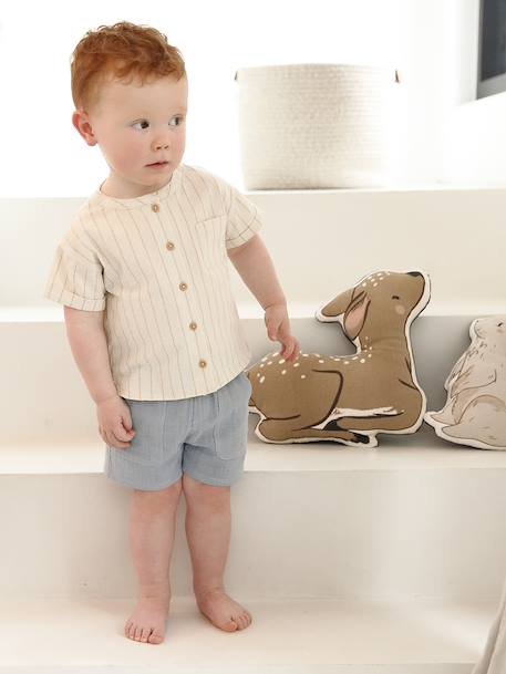 Baby Outfit: Striped Linen-Look Shirt + Gauze Shorts grey blue 