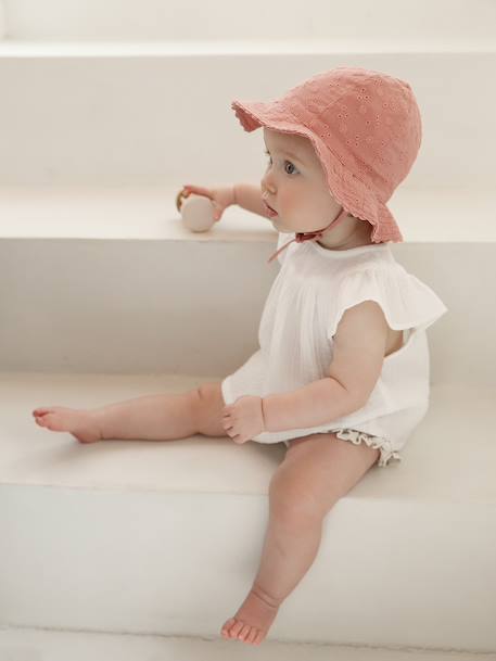 Hat in Broderie Anglaise for Baby Girls ecru+old rose+sage green 