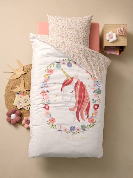 Duvet Cover + Pillowcase Set with Recycled Cotton for Children, Little Unicorn printed white 