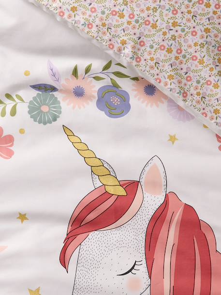 Duvet Cover + Pillowcase Set with Recycled Cotton for Children, Little Unicorn printed white 