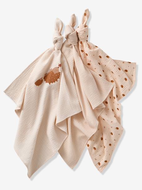 Set of 3 HEDGEHOG Cotton Gauze Muslin Squares printed beige 