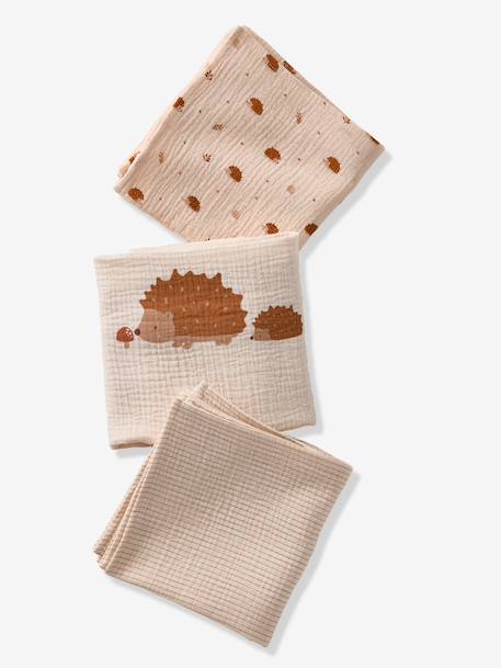 Set of 3 HEDGEHOG Cotton Gauze Muslin Squares printed beige 
