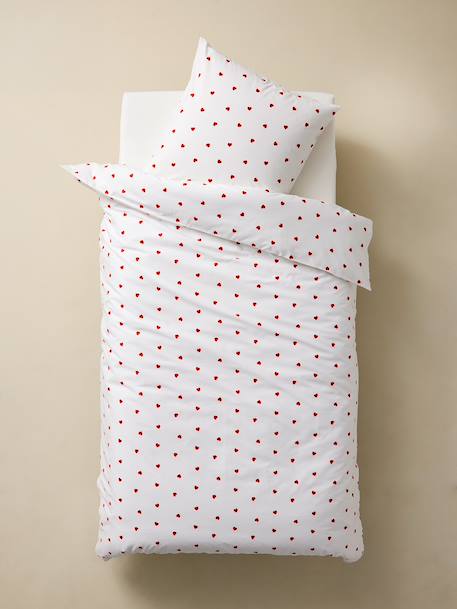 Duvet Cover Set + Pillowcase with Recycled Cotton for Children, HEARTS printed white 