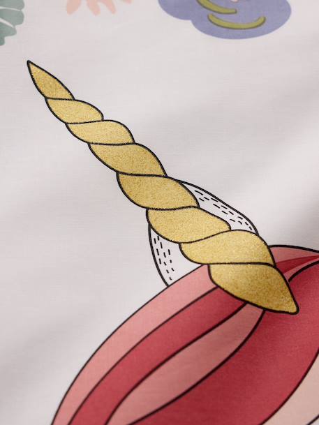 Duvet Cover + Pillowcase Set with Recycled Cotton for Children, Little Unicorn printed white 
