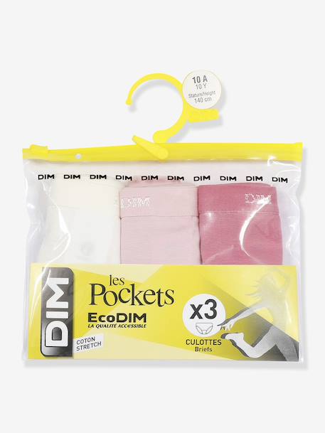 Pack of 3 girls' knickers Les Pockets Ecodim rose+white 