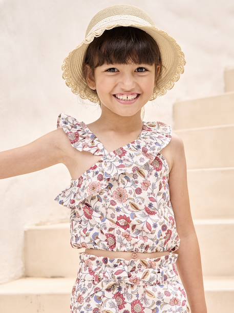 Asymmetrical Frill Blouse with Floral Print, for Girls ecru 