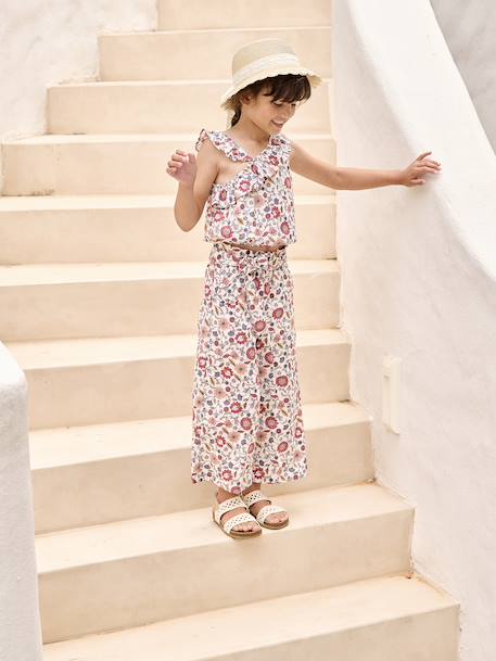 Asymmetrical Frill Blouse with Floral Print, for Girls ecru 