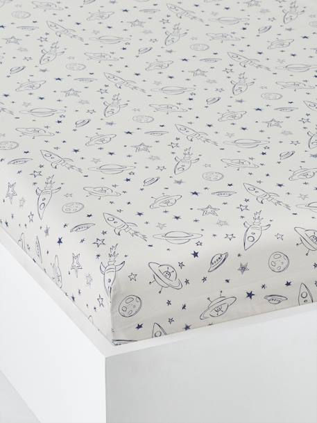 Fitted Sheet for Children, Planets Theme Light Grey/Print 