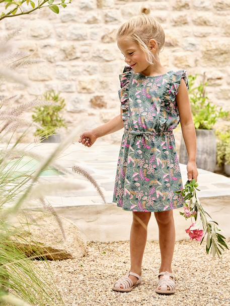 Printed frilled-sleeve dress for girls emerald green+pale pink+printed white 