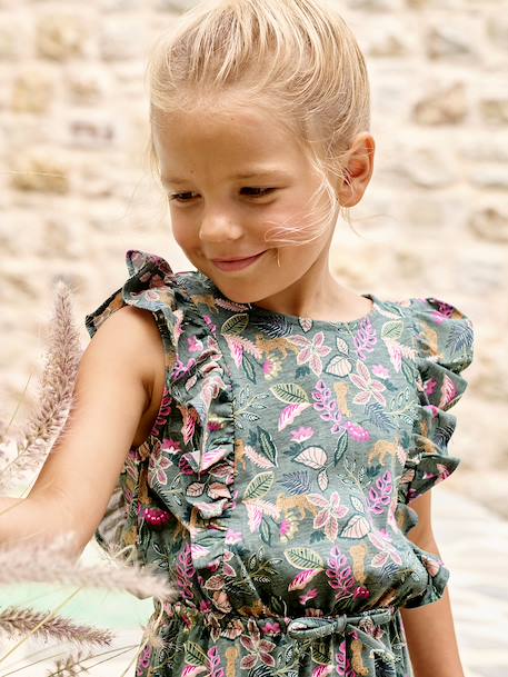 Printed frilled-sleeve dress for girls emerald green+pale pink+printed white 