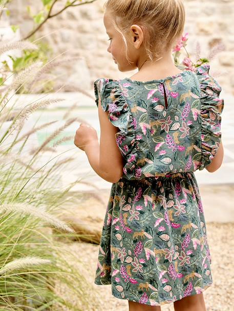 Printed frilled-sleeve dress for girls emerald green+pale pink+printed white 