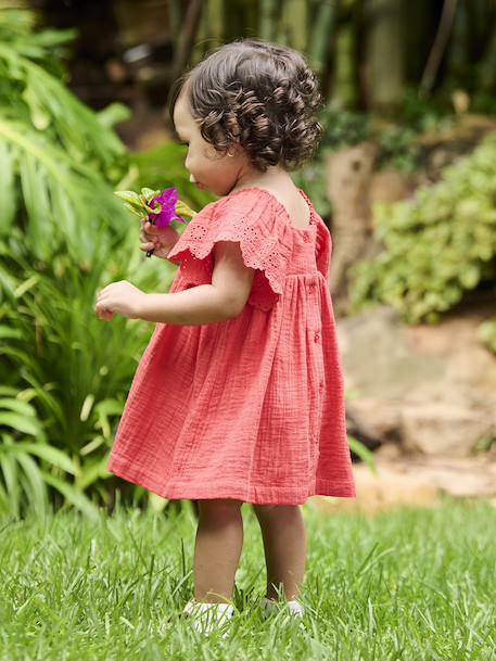 Cotton Gauze Dress for Babies ecru+red 