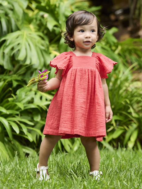 Cotton Gauze Dress for Babies ecru+red 