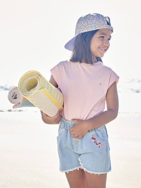 Oversized floral embroidered denim shorts for girls light blue 