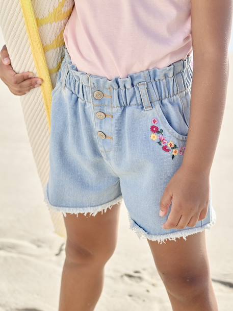 Oversized floral embroidered denim shorts for girls light blue 