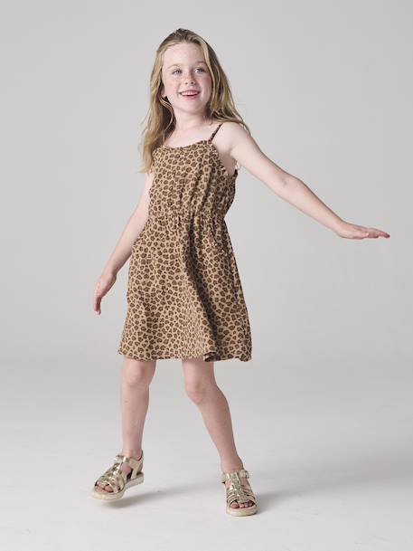 Cotton Gauze Strappy Dress for Girls beige+coral+emerald green 