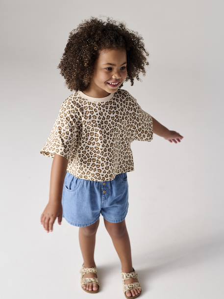 Cropped short-sleeved T-shirt for girls beige+ecru+rosy+striped violet 
