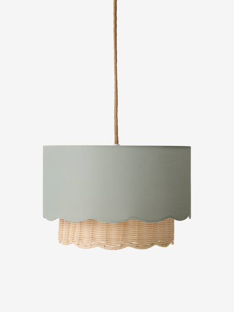 Hanging lampshade with scalloped fabric and rattan sage green 