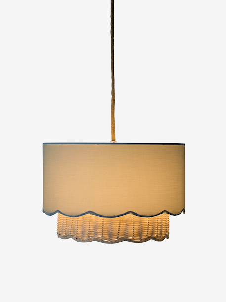 Hanging lampshade with scalloped fabric and rattan sage green 