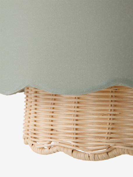 Hanging lampshade with scalloped fabric and rattan sage green 