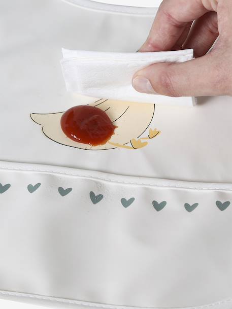Plastic-coated round bib printed white+sage green 