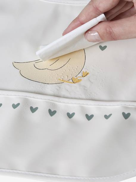Plastic-coated round bib printed white+sage green 