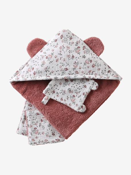 Set with Bath Cape + Mitten + Baby Wipes, for Dolls rose+yellow 