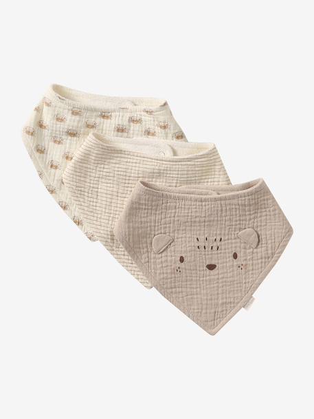 3 Bandana-Style Bibs in Cotton Gauze Brown+cappuccino+ecru+grey blue+Light Green+pale pink+printed beige+sage green+White/Print 