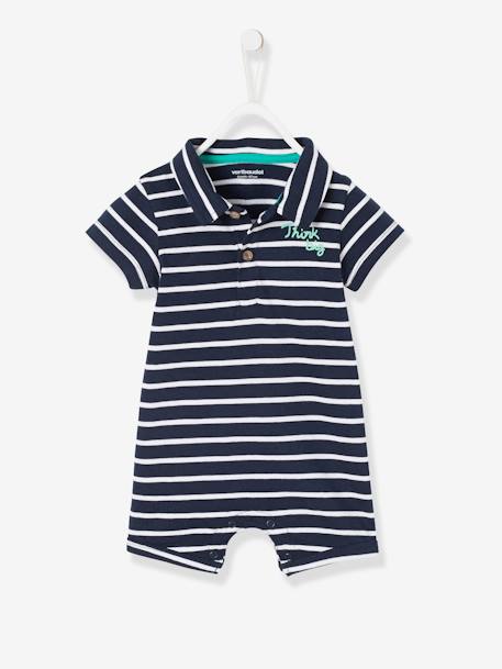Baby Boys' Beach Playsuit with Polo Shirt Collar BROWN MEDIUM STRIPED+Dark Blue Stripes 
