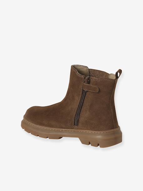 Girls' elasticated and zipped leather boots black+camel 