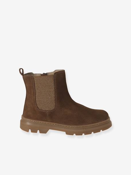 Girls' elasticated and zipped leather boots black+camel 