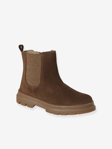 Girls' elasticated and zipped leather boots black+camel 