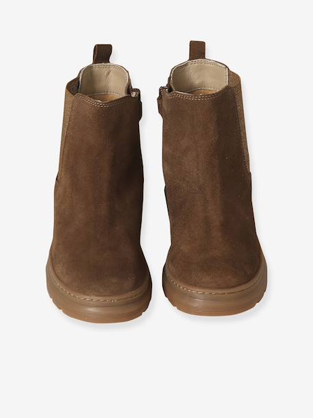 Girls' elasticated and zipped leather boots black+camel 