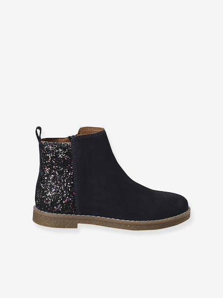 Girls' leather and glitter boots, nursery collection camel+navy blue 