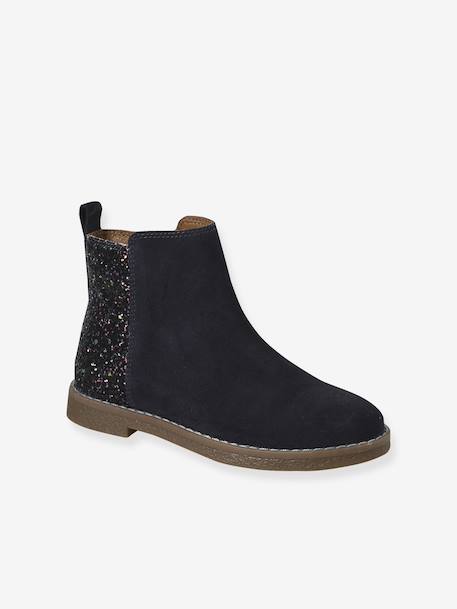 Girls' leather and glitter boots, nursery collection camel+navy blue 
