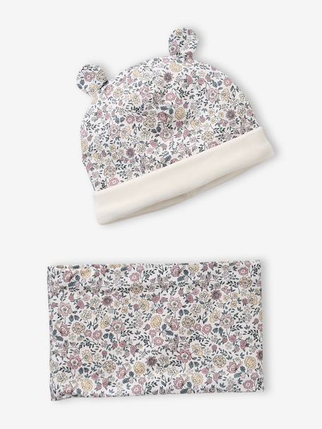 Sherpa-Lined Floral Print Beanie & Snood Set for Babies printed pink 