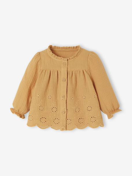 Embroidered blouse for babies ecru+ochre 