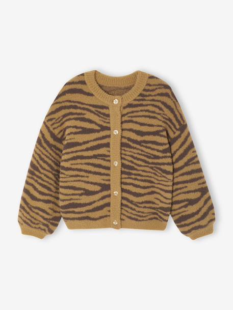 Knitted Cardigan with Animal Pattern, for Girls brown+chocolate+ecru+green 