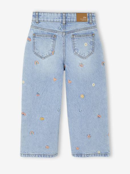 Embroidered Wide Leg Jeans with Fancy Motifs for Girls light blue 