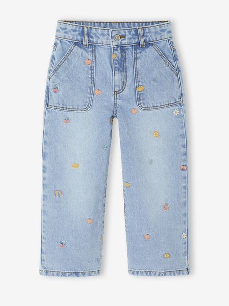 Embroidered Wide Leg Jeans with Fancy Motifs for Girls light blue 