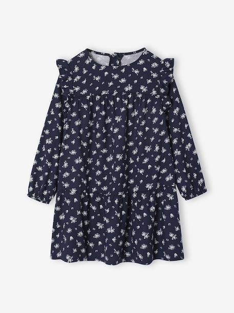 Printed Frilly Dress for Girls navy blue+sage green+vanilla 
