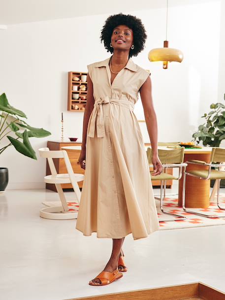 Long Cotton Poplin Dress, Maternity & Nursing sandy beige 