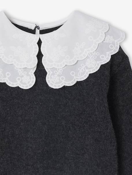 Soft Knit Jumper with Embroidered Double Collar, for Girls anthracite+rose 