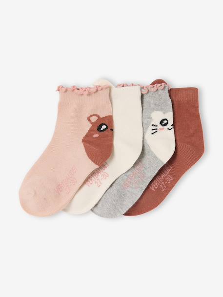 Pack of 4 girls' ankle socks with animal pattern old rose 