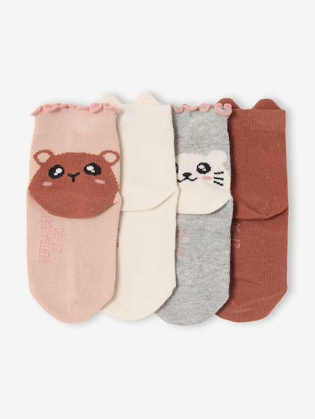 Pack of 4 girls' ankle socks with animal pattern old rose 