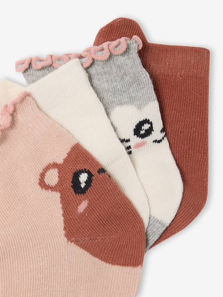 Pack of 4 girls' ankle socks with animal pattern old rose 